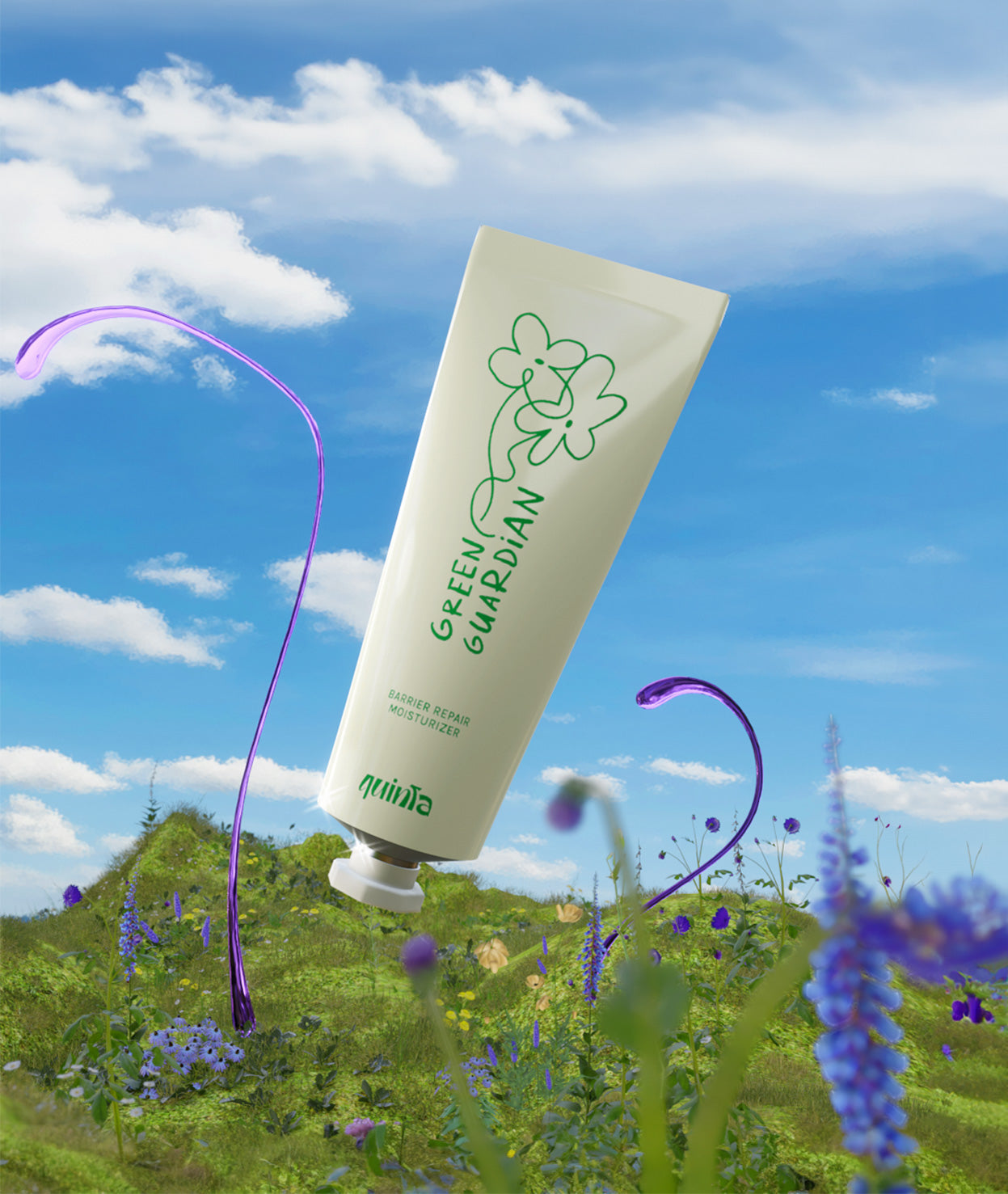 A tube of Green Guardian skin moisturizing cream set against a vibrant field with blue sky and clouds in the background.