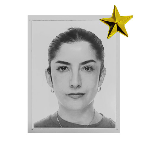 Black and white portrait of Camila Miranda with a gold star on a white background