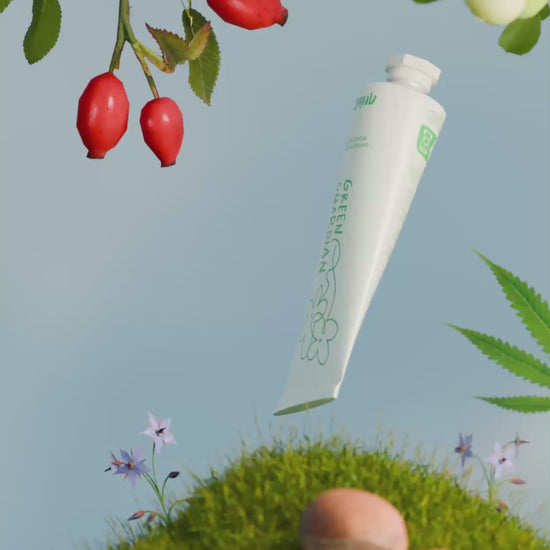 3D render of Green Guardian floating, behind green guardian there is some of the ingredients featured in the formulation of the cream. There is Rosehip, Jojoba fruit, Hemp leaf,  Borage Flowers and Shea Nuts