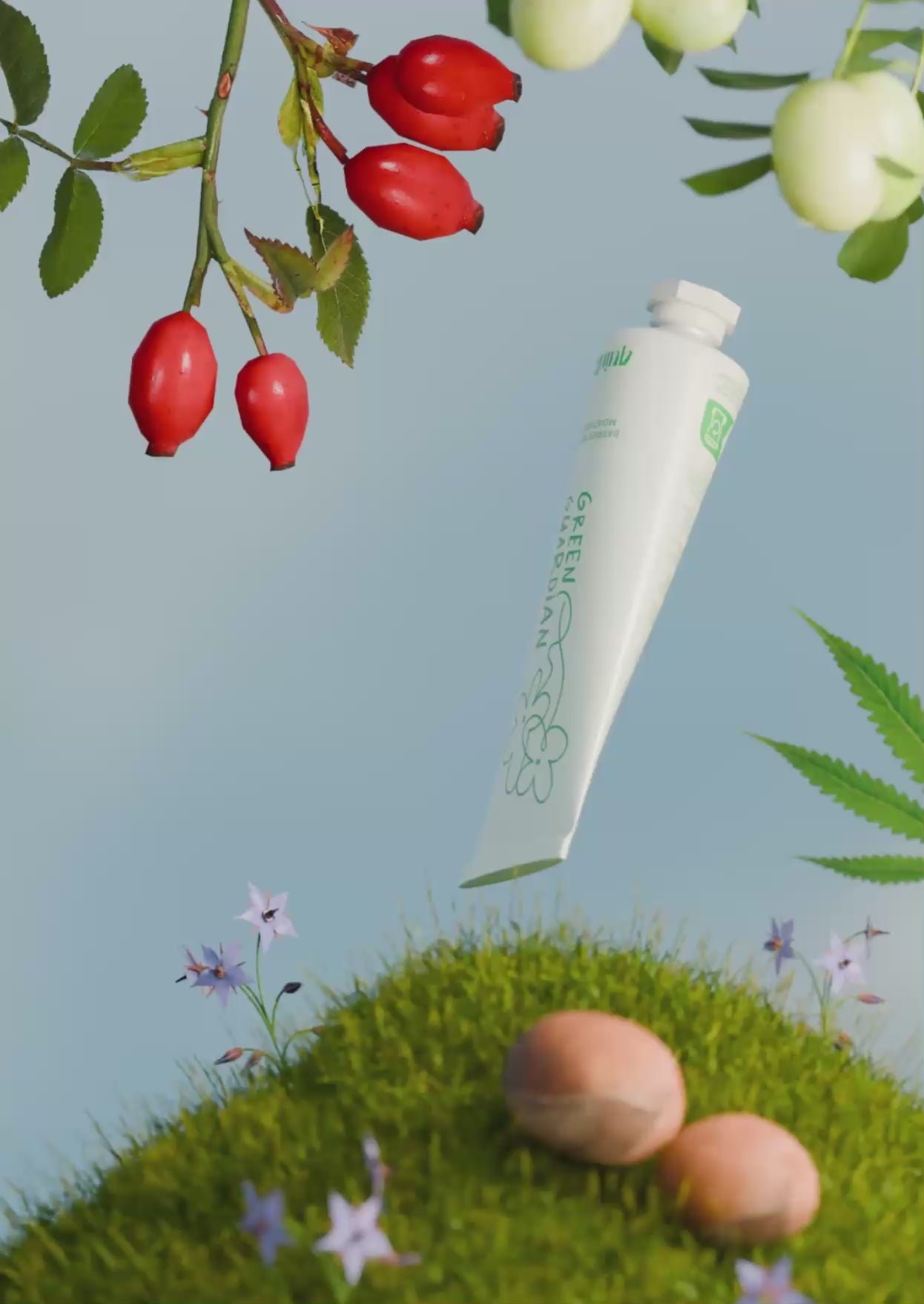 3D render of Green Guardian floating, behind green guardian there is some of the ingredients featured in the formulation of the cream. There is Rosehip, Jojoba fruit, Hemp leaf,  Borage Flowers and Shea Nuts