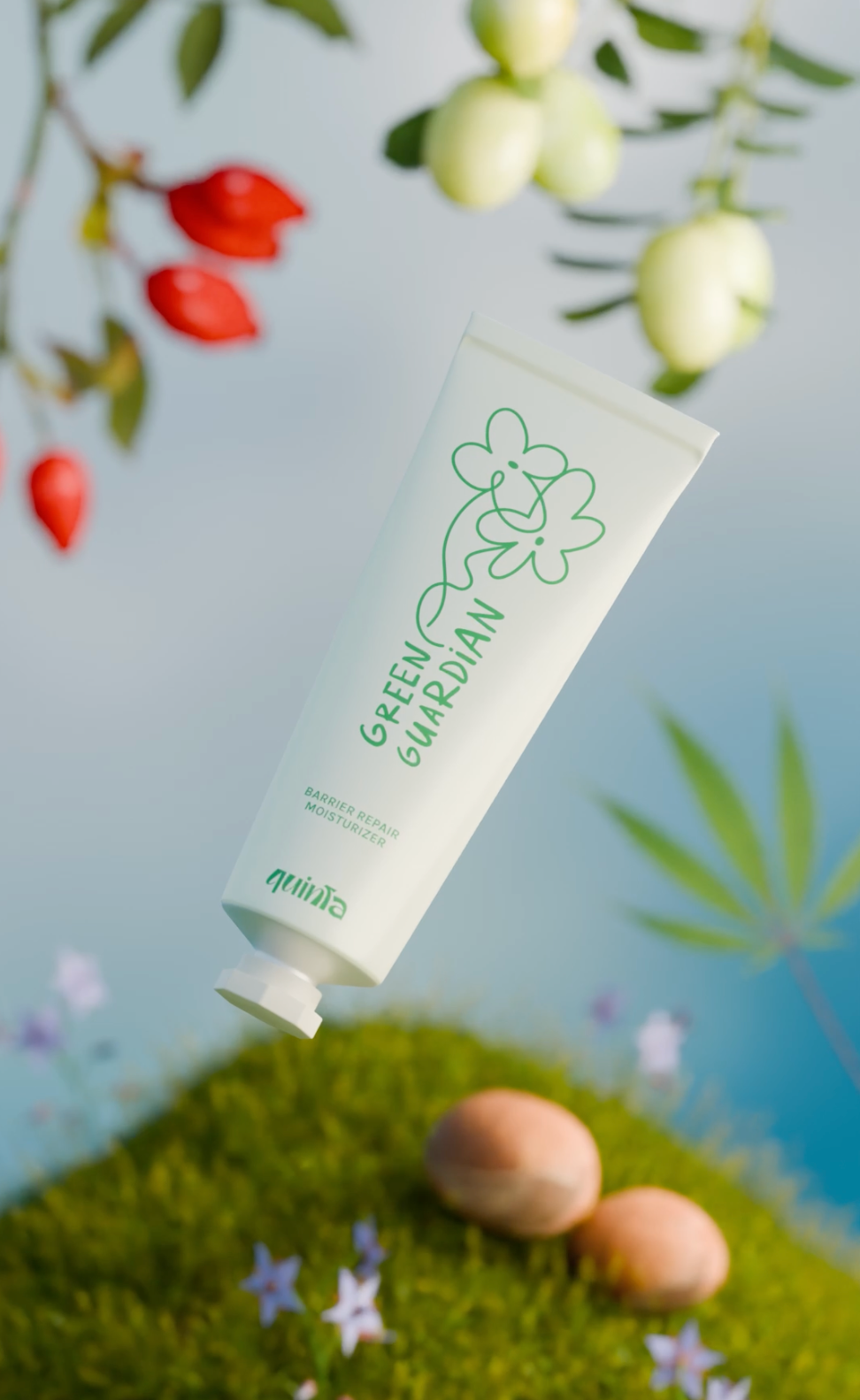 3D render of Green Guardian floating, behind green guardian there is some of the natural ingredients featured in the formulation of the cream. There is Rosehip, Jojoba fruit, Hemp leaf,  Borage Flowers and Shea Nuts