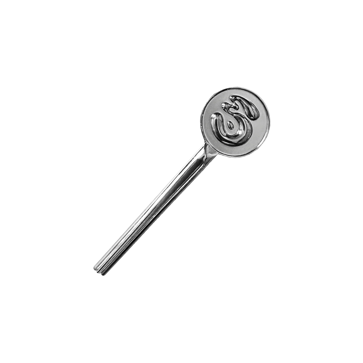 Metallic squeezer with a circular handle featuring a logo on a white background