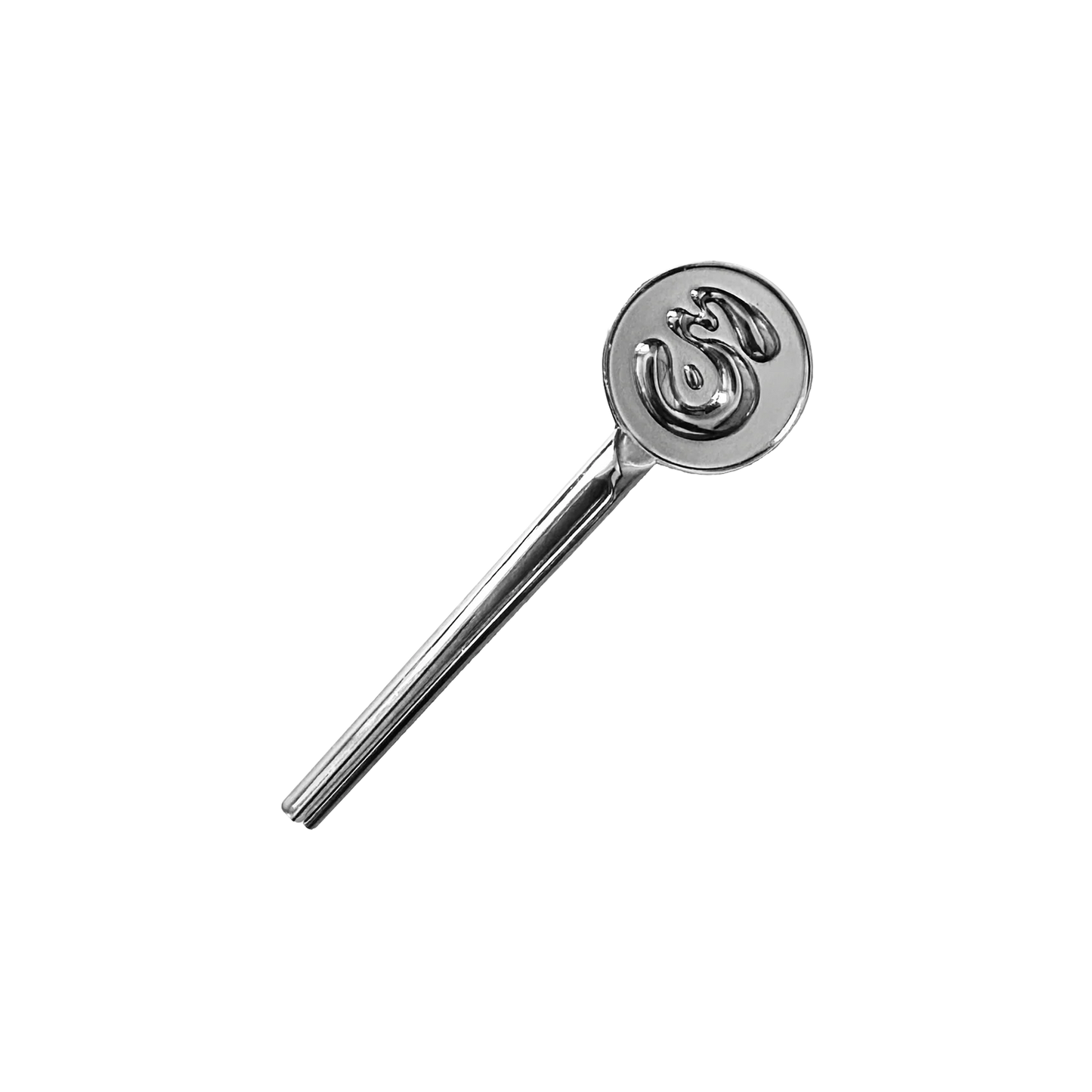 Metallic squeezer with a circular handle featuring a logo on a white background